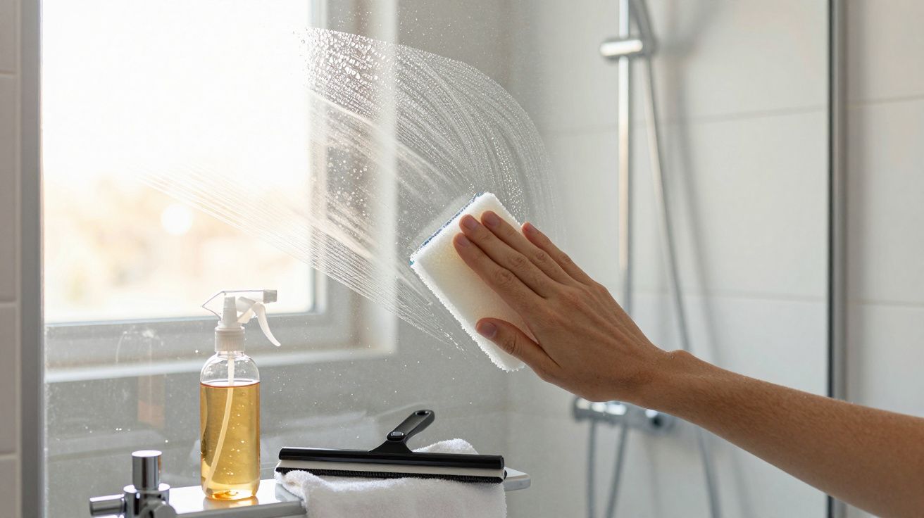 Mão limpando espelho do banheiro com esponja, ao lado produtos de limpeza e toalha branca.