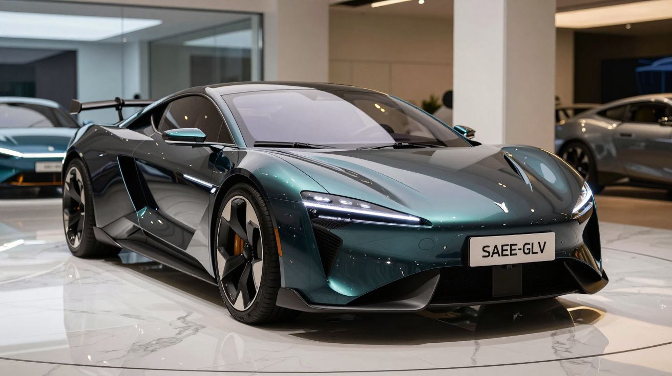 Carro esportivo elétrico verde metálico em exposição em ambiente moderno com piso branco.