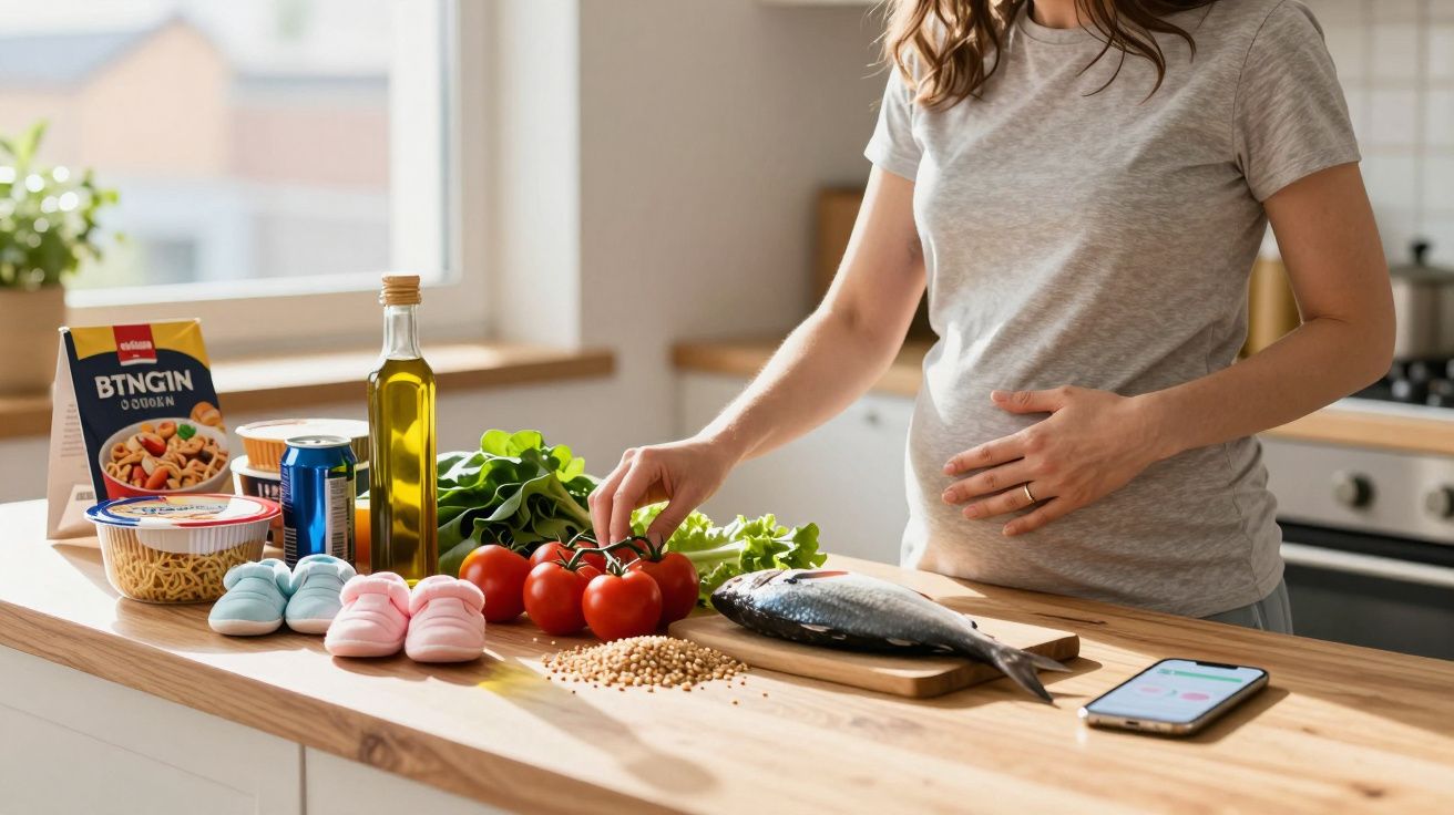 Mulher grávida segurando a barriga e pegando tomates na cozinha com alimentos saudáveis sobre a bancada.