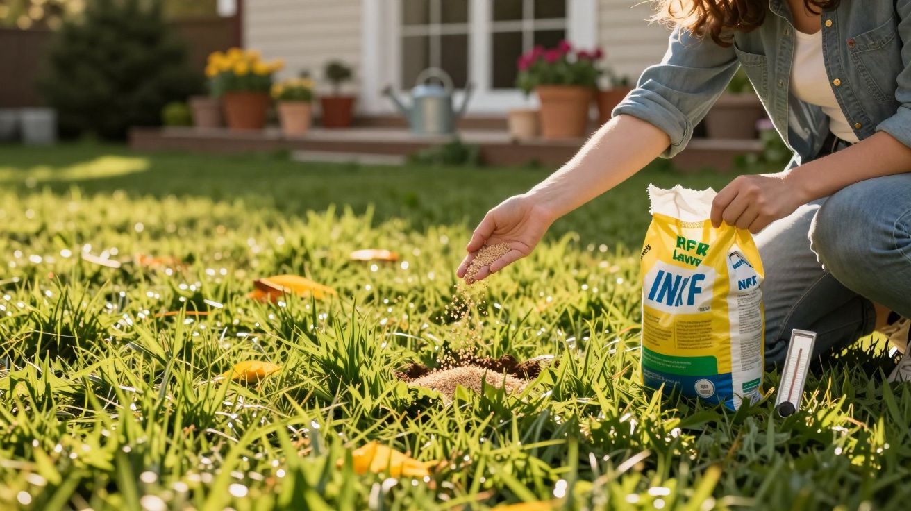 Pessoa aplicando sementes em um gramado verde em um jardim ensolarado com flores ao fundo.