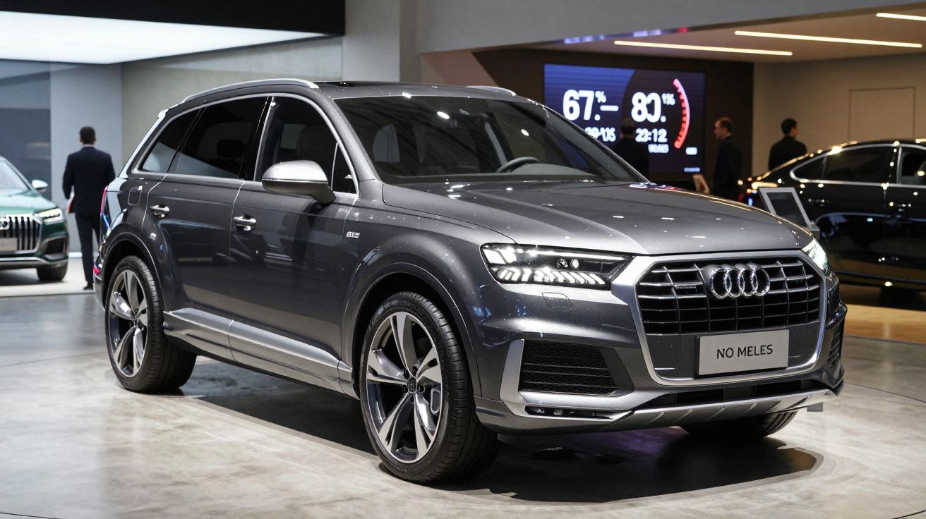 SUV cinza metálico Audi Q7 estacionado em showroom com piso claro e pessoas ao fundo.