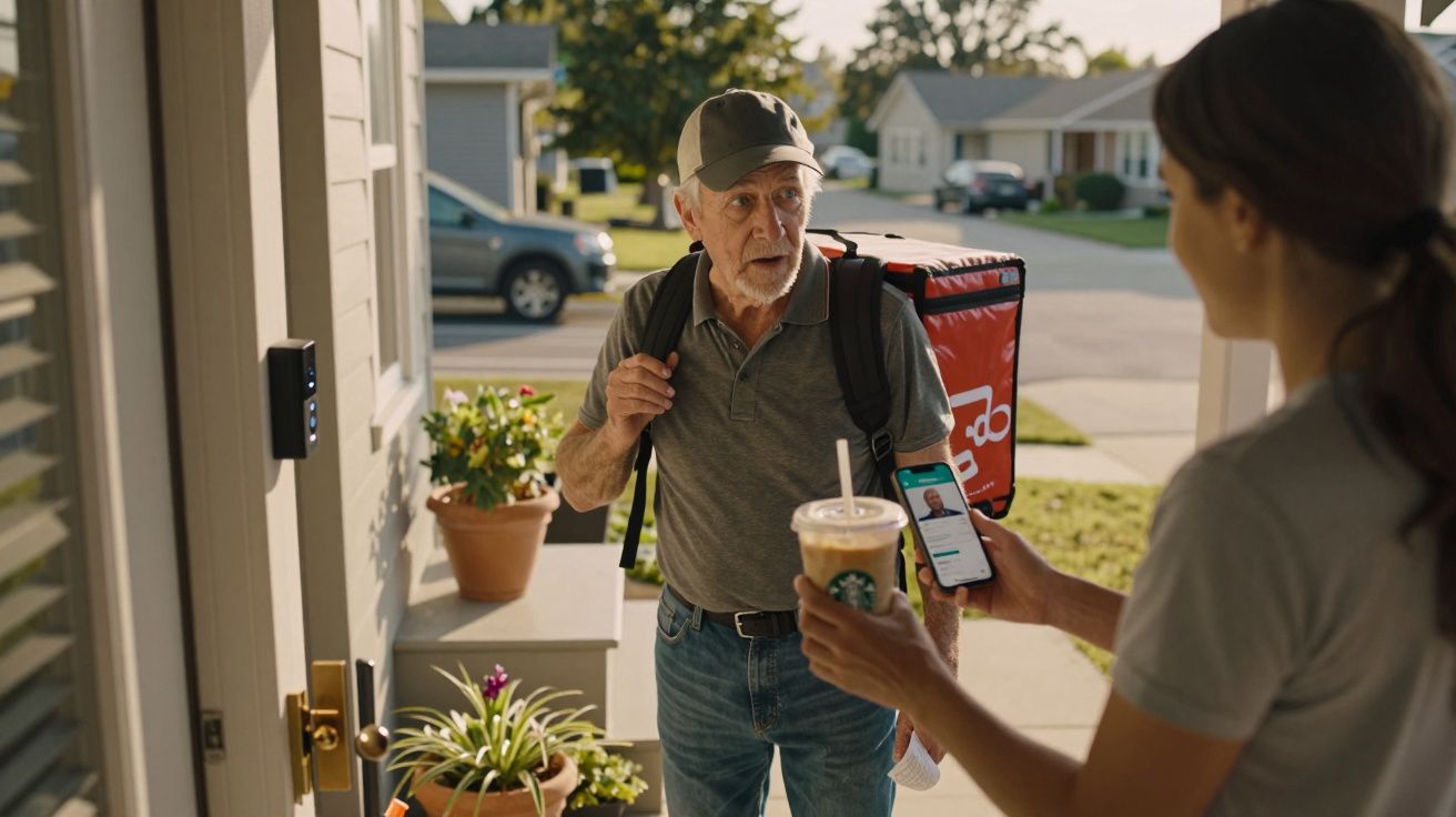 Entregador de comida com bolsa térmica conversa com mulher que oferece bebida na entrada de casa.
