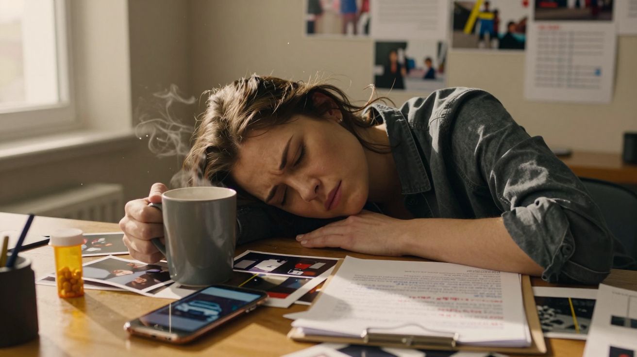Mulher cansada apoiada em mesa com documentos, celular e caneca de bebida quente fumegante.