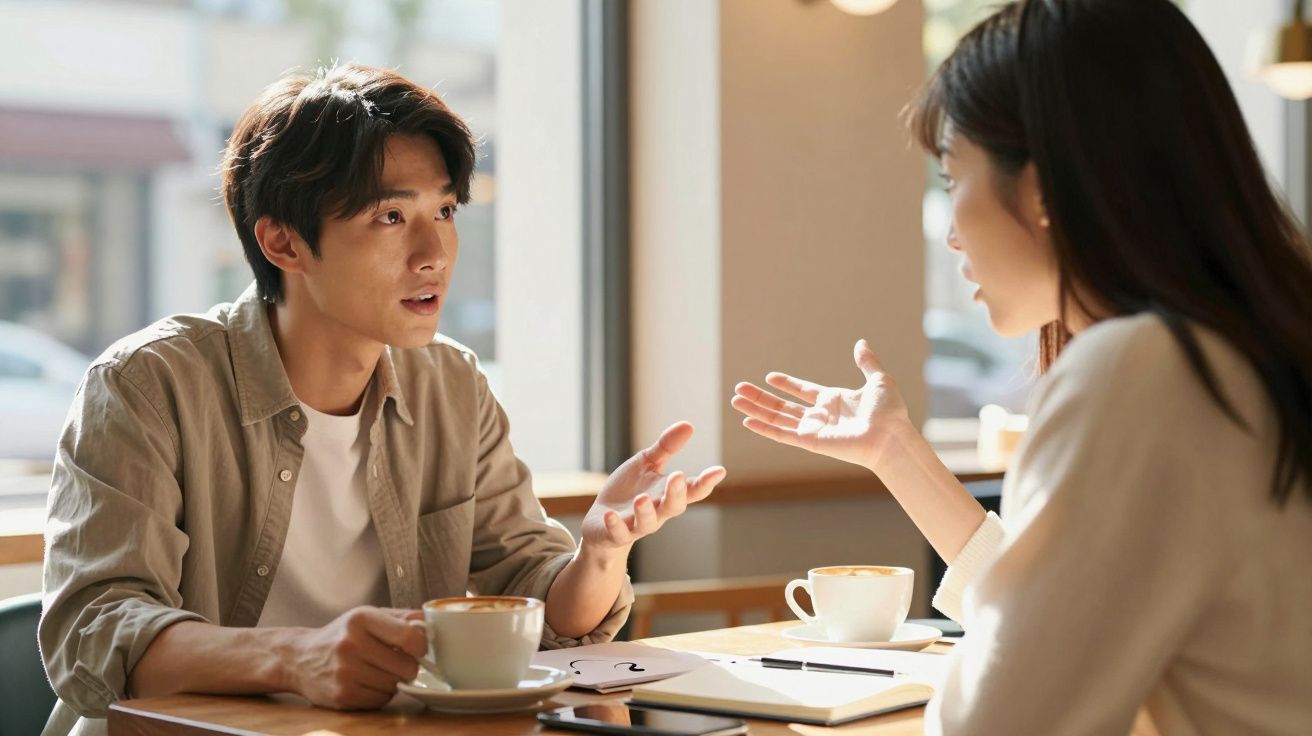 Jovem homem e mulher sentados em café conversando, cada um com xícara de café na mão.