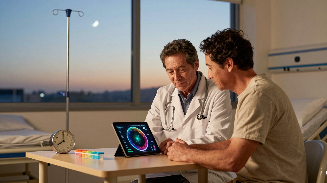 Paciente e médico consultando dados de saúde em tablet durante consulta ao entardecer em hospital.