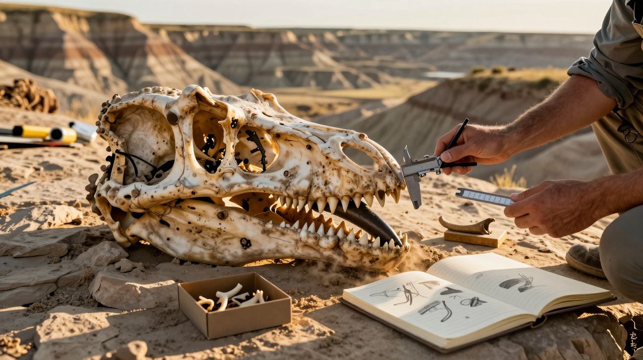 Pesquisador medindo crânio fossilizado de dinossauro em sítio arqueológico com caderno de desenhos aberto.
