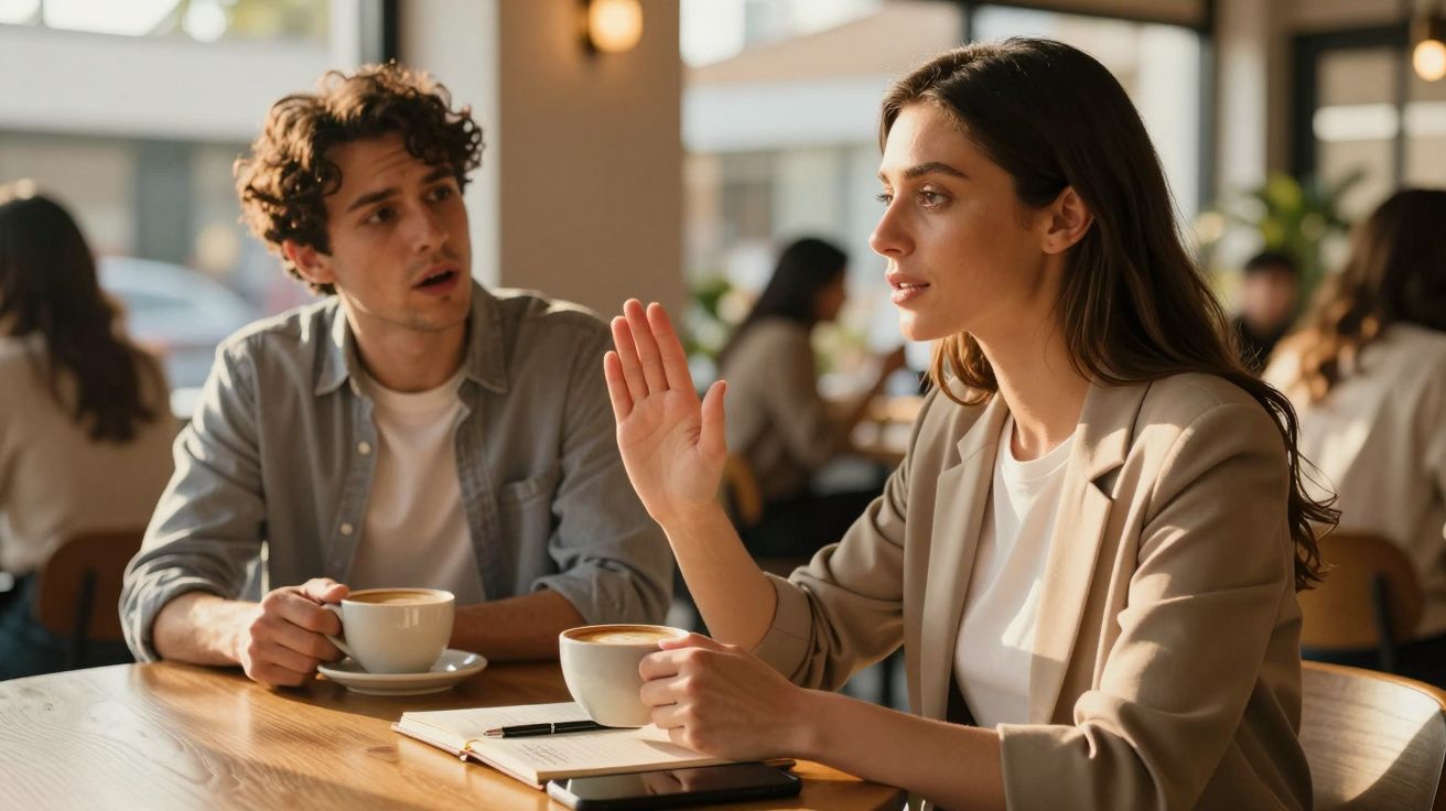 Mulher fala com expressão séria enquanto homem escuta atentamente em café, com xícaras e caderno na mesa.