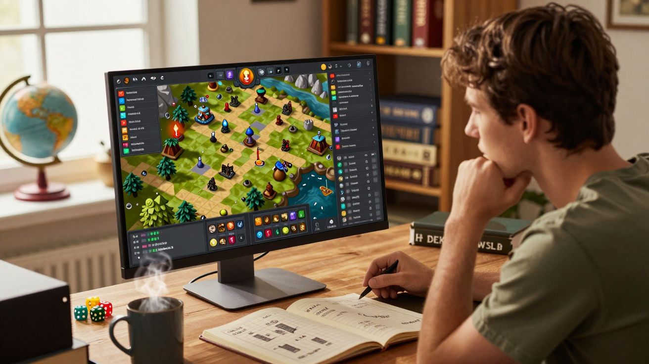 Homem estudando com livro aberto e jogando jogo de tabuleiro digital em computador na mesa.