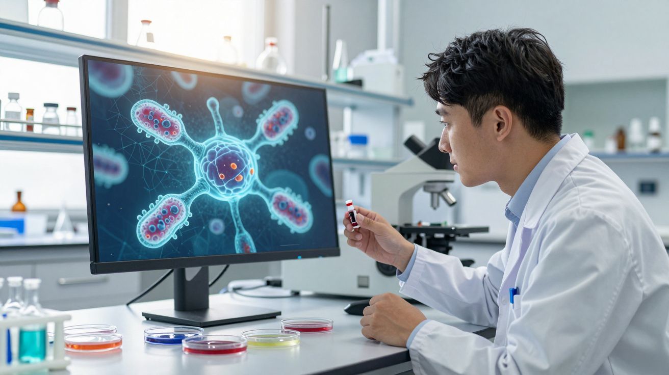 Cientista em laboratório analisando amostra com imagem digital de vírus em tela de computador.