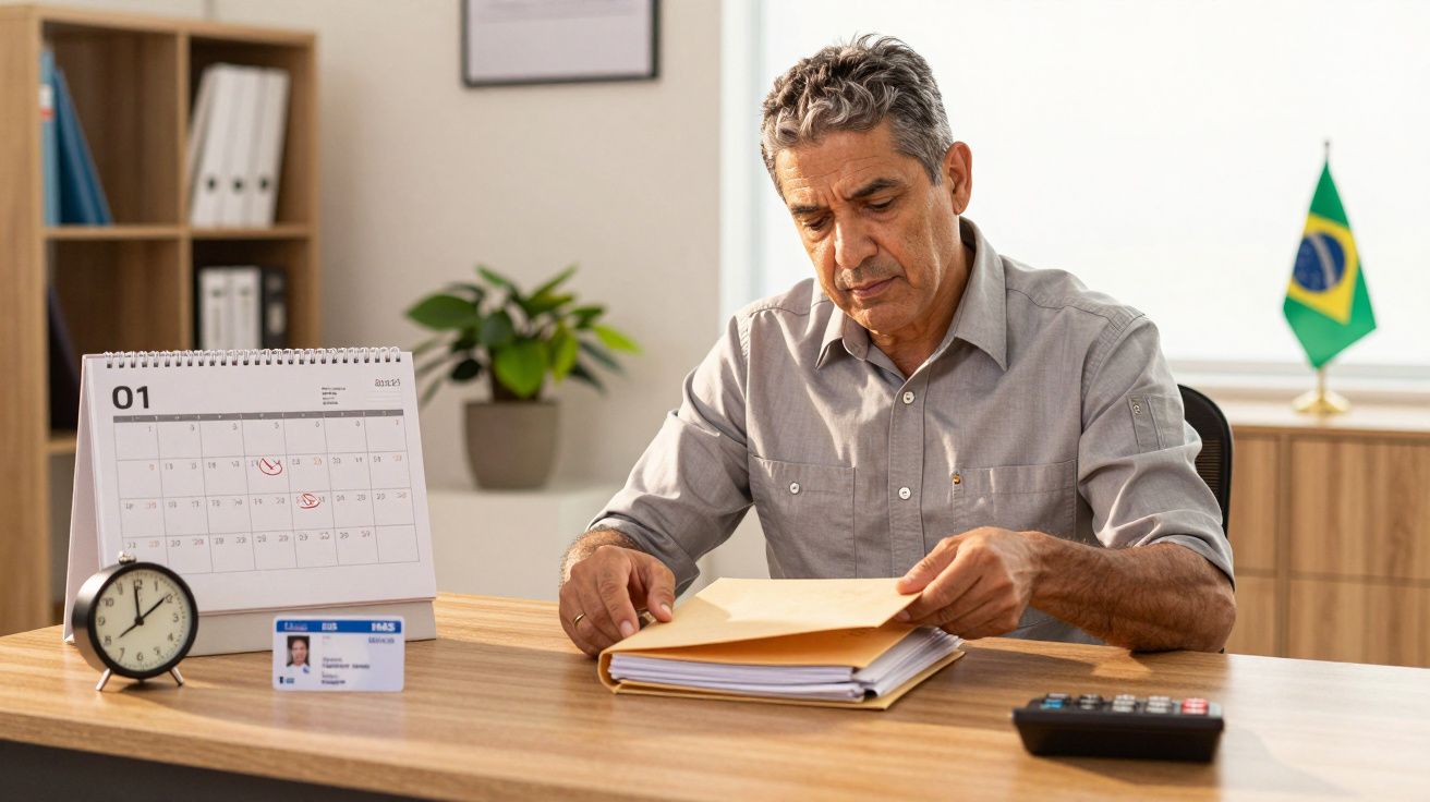 Homem concentrado organizando documentos em pasta numa mesa com calendário, relógio, carteira e bandeira do Brasil.