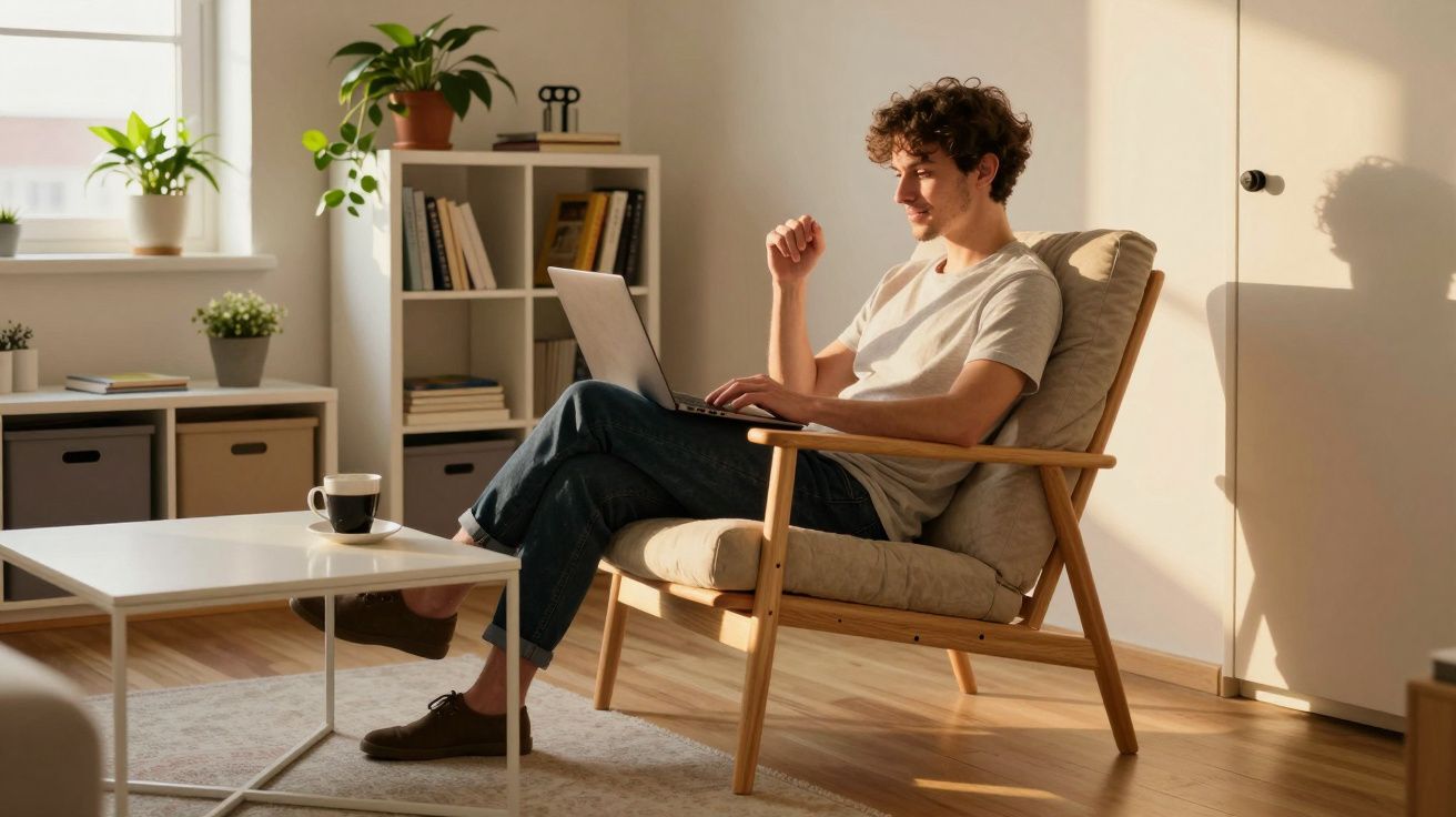 Homem sentado em poltrona usando notebook em sala iluminada com plantas e mesa branca.