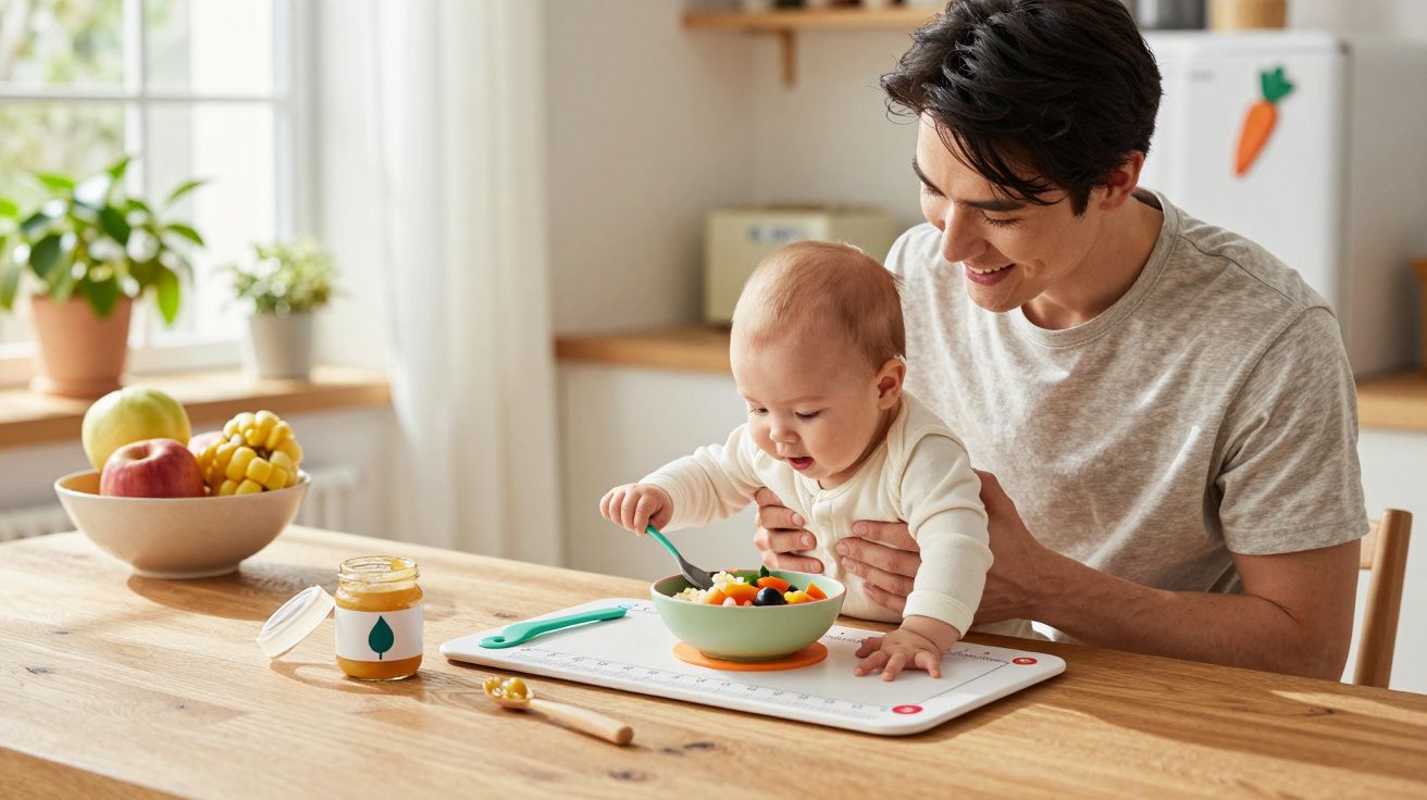 Pai sorridente ajuda bebê a comer frutas em tigela na mesa da cozinha ensolarada.