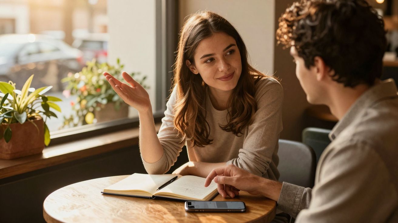 Jovem mulher conversando com homem em mesa de café, com caderno aberto e celular à frente.