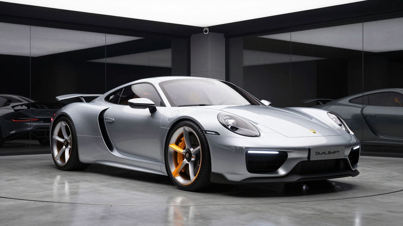 Carro esportivo prata estacionado em piso de concreto com rodas douradas e parede espelhada ao fundo.