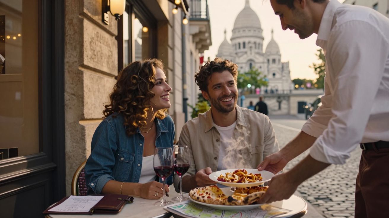 Casal recebendo pizza e vinho em mesa ao ar livre com igreja ao fundo durante o entardecer.