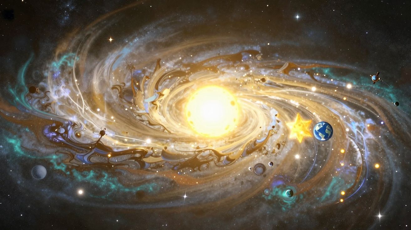 Ilustração colorida de galáxia espiral com sol brilhante e planetas ao redor, incluindo a Terra.