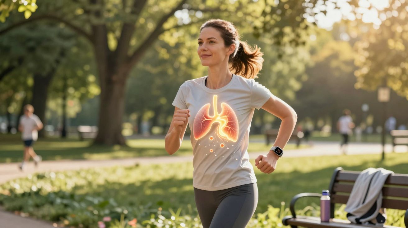 Mulher correndo em parque com ilustração dos pulmões destacada na camiseta branca.