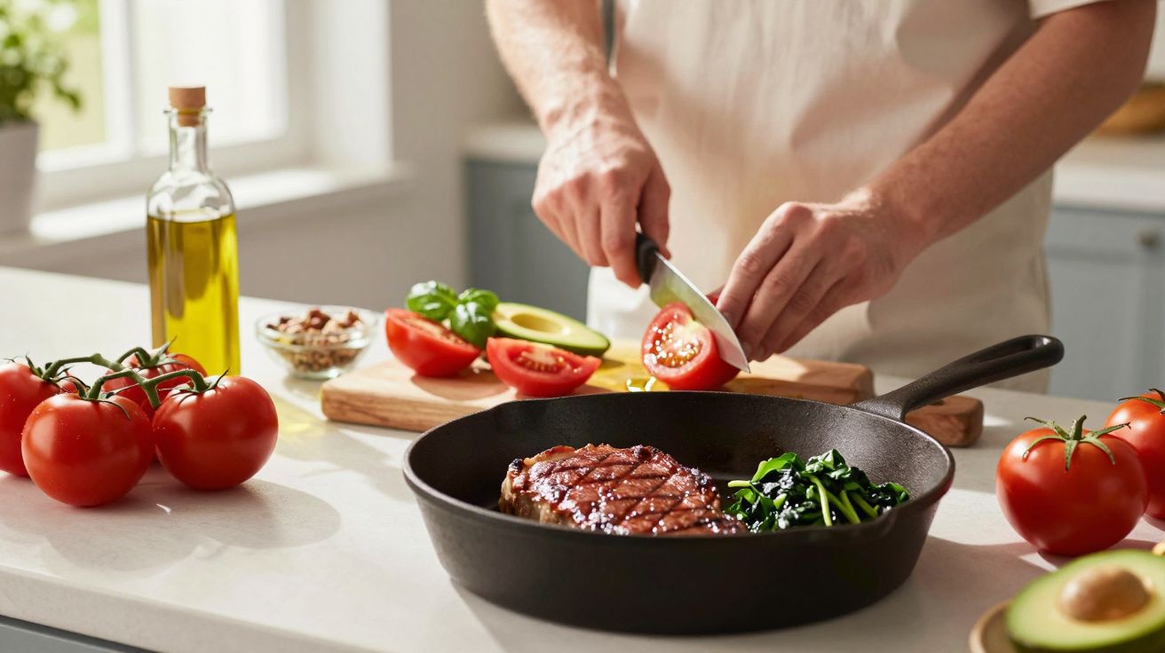 Pessoa cortando tomate para preparar refeição com carne grelhada e legumes em frigideira na cozinha.