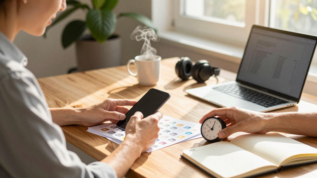 Duas pessoas sentadas à mesa com smartphone, relógio, notebook, caneca com vapor e papéis coloridos.