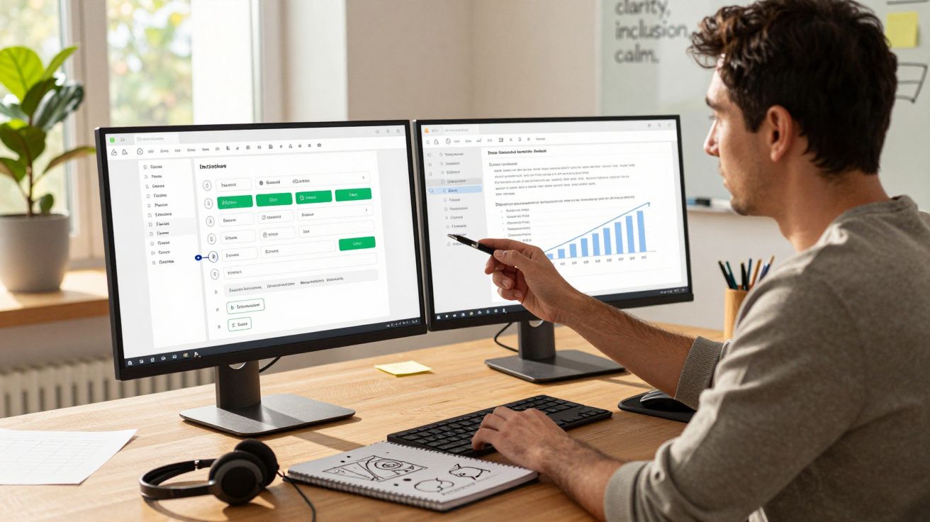 Homem trabalhando em escritório com dois monitores exibindo gráficos e textos, apontando para a tela.