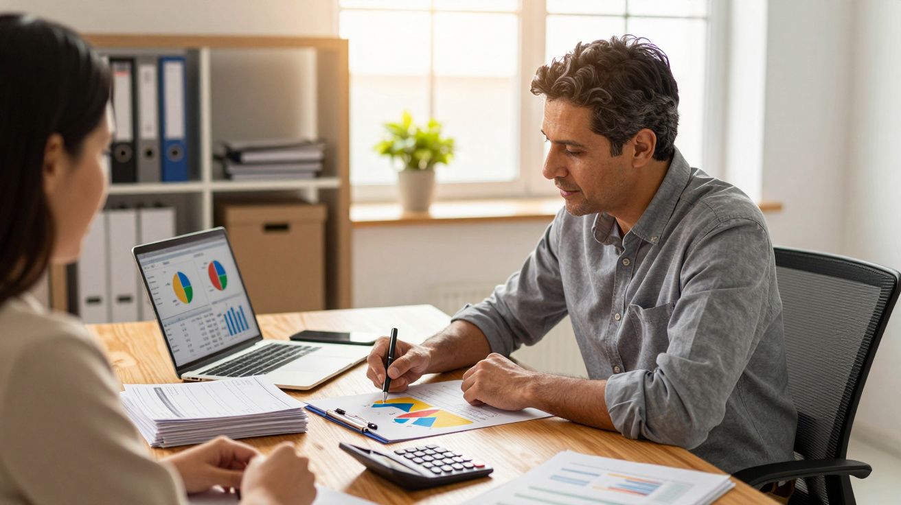Homem analisando gráficos coloridos em papel enquanto conversa com colega em escritório iluminado.