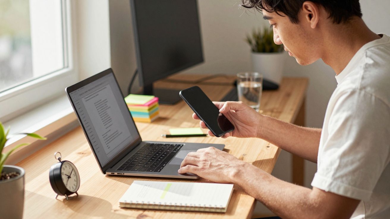 Jovem usando smartphone e laptop em mesa de madeira perto de janela, com caderno e relógio analógico.
