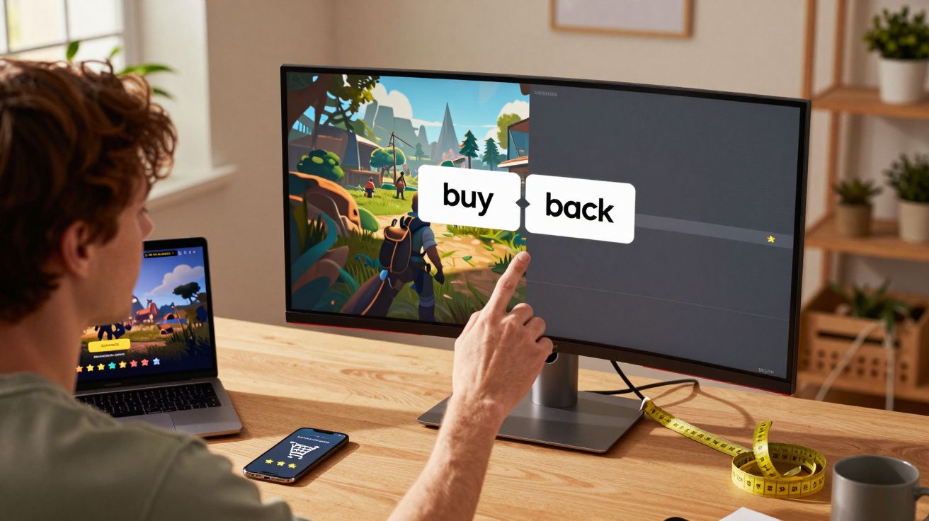 Pessoa interagindo com jogo de palavras inglês em monitor curvo em mesa com notebook e celular.