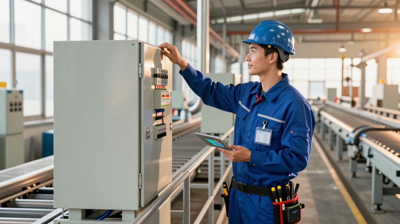 Técnico em capacete azul operando painel elétrico em ambiente industrial com tablet na mão.