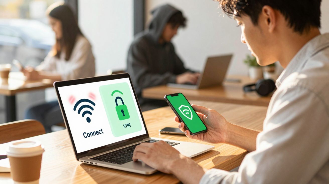 Homem usando smartphone e laptop com ícones de conexão Wi-Fi e VPN em café coworking.
