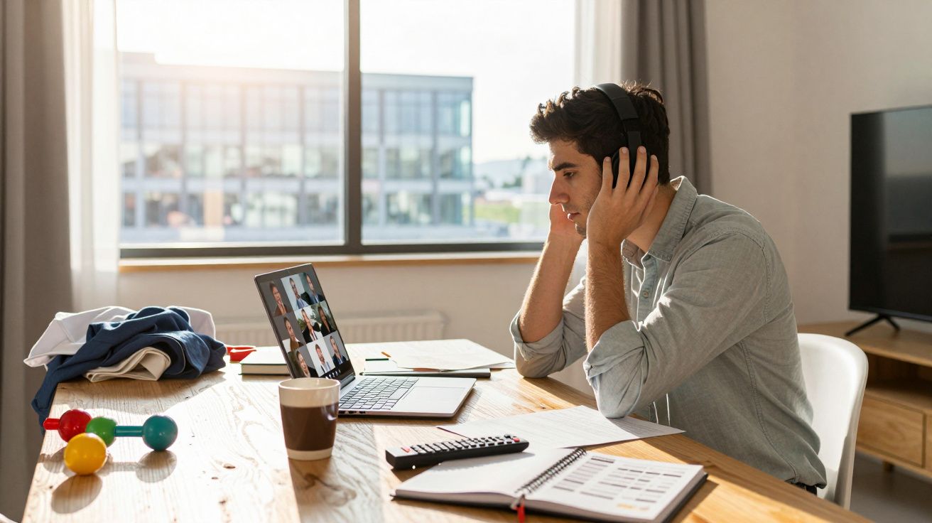Homem jovem usando fone de ouvido em videoconferência no laptop em mesa com cadernos e objetos.