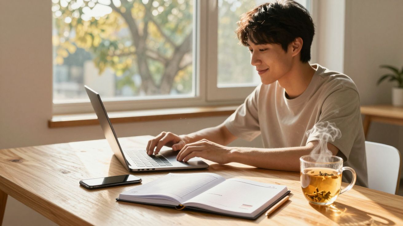 Jovem sentado à mesa, digitando no laptop com caderno aberto e chá quente ao lado, em ambiente iluminado.