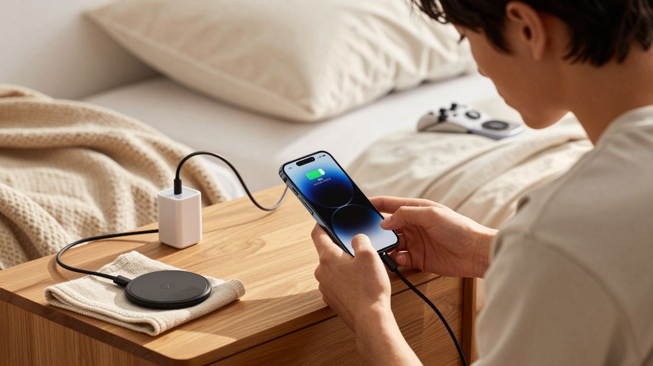 Pessoa segurando celular carregando com cabo USB em mesa de cabeceira ao lado de carregador wireless.