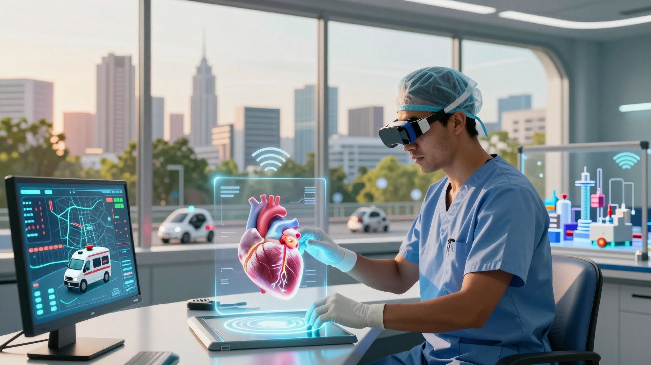 Médico usando realidade aumentada para analisar modelo 3D de coração em ambiente clínico moderno.