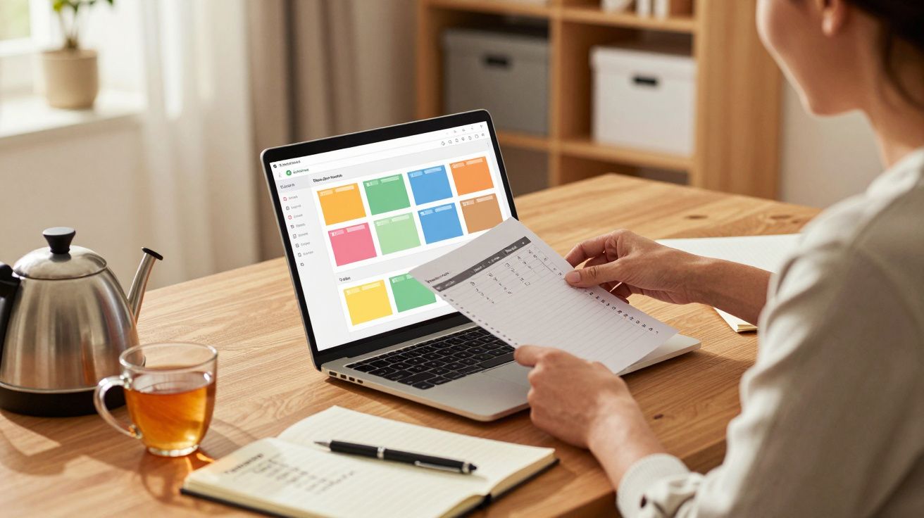 Pessoa conferindo tabela impressa com notebook aberto em mesa de madeira, ao lado de chá, caderno e caneta.