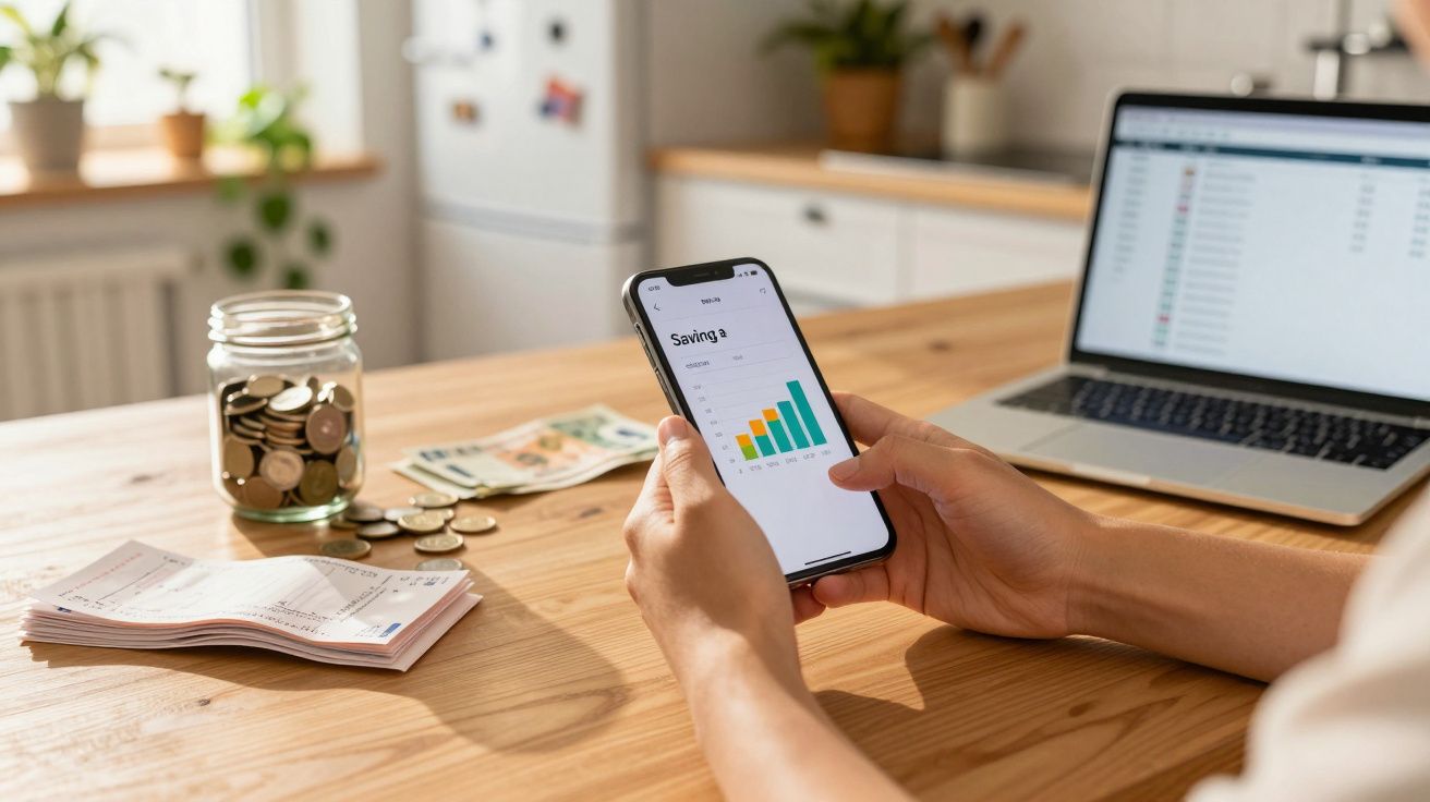 Pessoa segurando celular com gráfico de economia, moedas, notas e laptop sobre mesa de madeira.