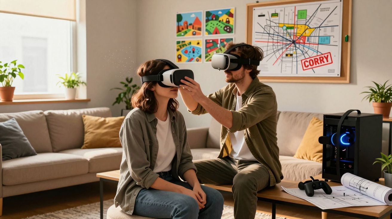 Casal usando óculos de realidade virtual em sala de estar moderna com plantas e computador gaming.