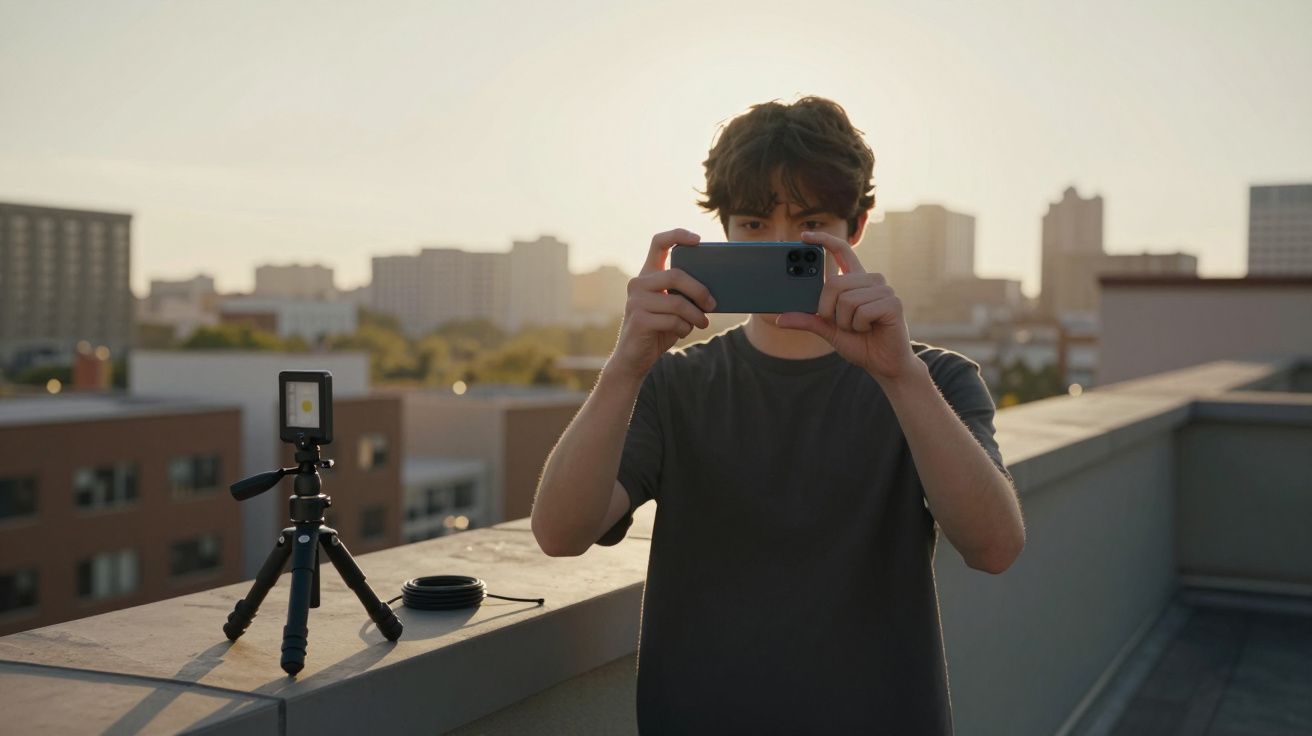 Jovem tirando foto com smartphone na cobertura de prédio ao pôr do sol, com cidade ao fundo.
