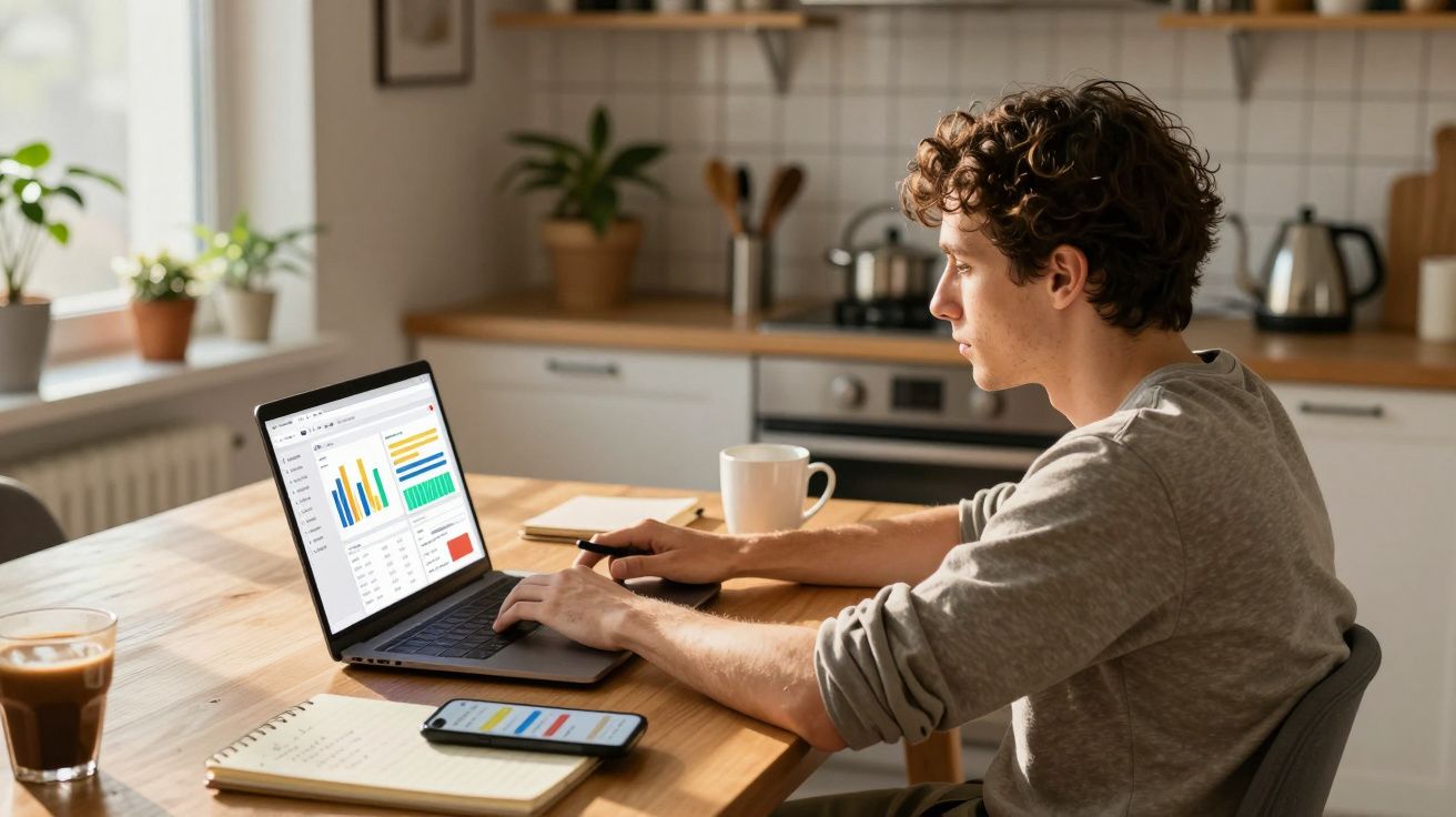 Jovem trabalhando em gráficos no laptop, sentado à mesa de madeira na cozinha iluminada.