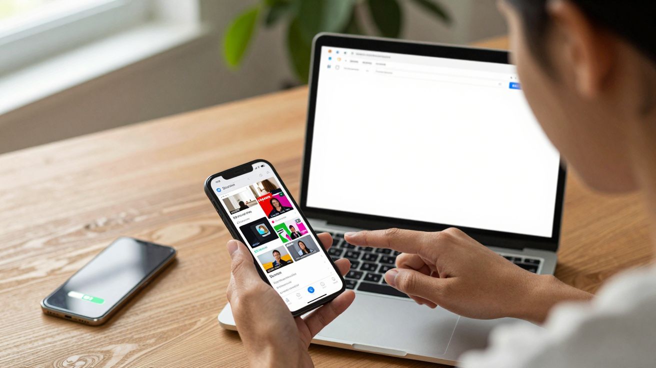 Pessoa usando smartphone com vídeos na tela, ao lado de laptop aberto e celular carregando sobre mesa de madeira.