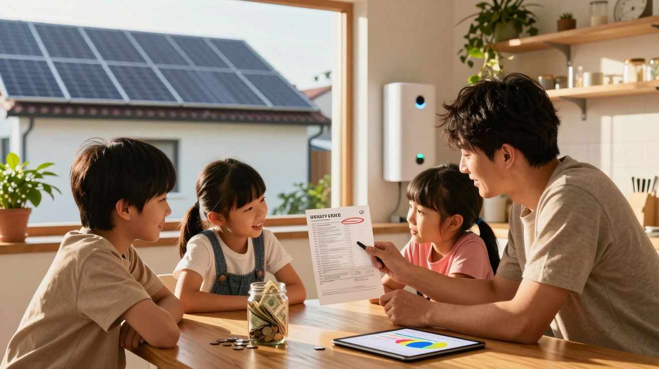Pai ensina crianças sobre economia doméstica com conta de luz e cofrinho, cenário com painel solar ao fundo.