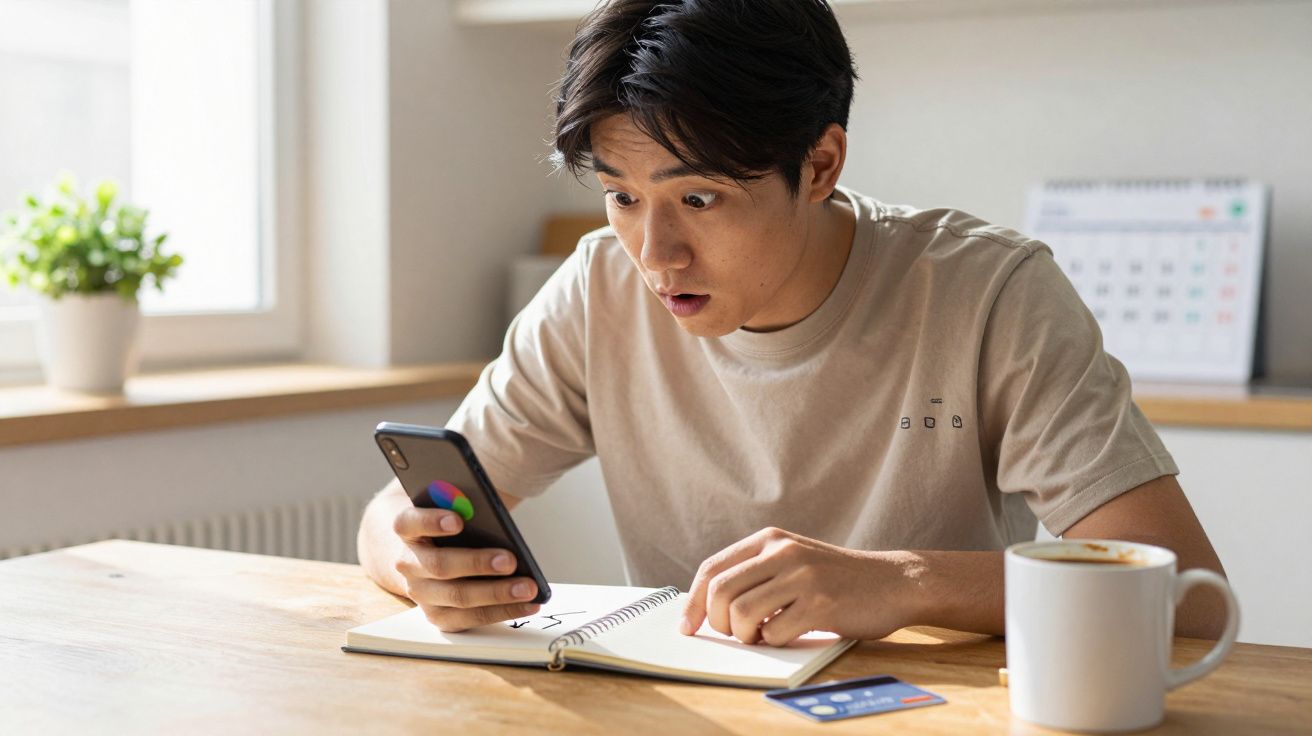 Homem surpreso olhando para celular com caderno aberto, cartão e caneca em mesa de madeira clara.