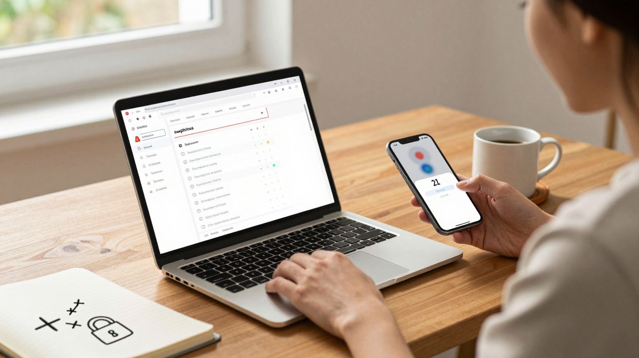 Pessoa usando celular e laptop em mesa de madeira com xícara de café e caderno com desenho de cadeado.