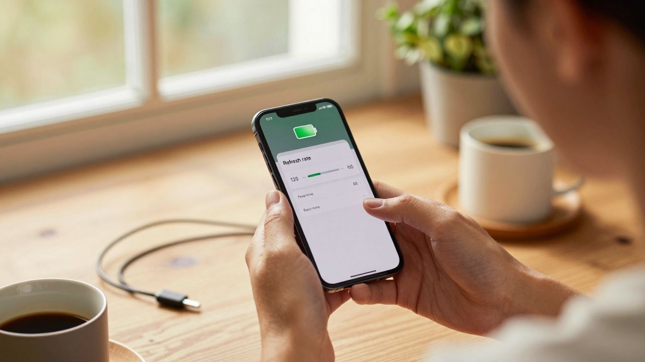 Pessoa segurando smartphone com bateria carregando ao fundo cabo USB e duas xícaras de café.