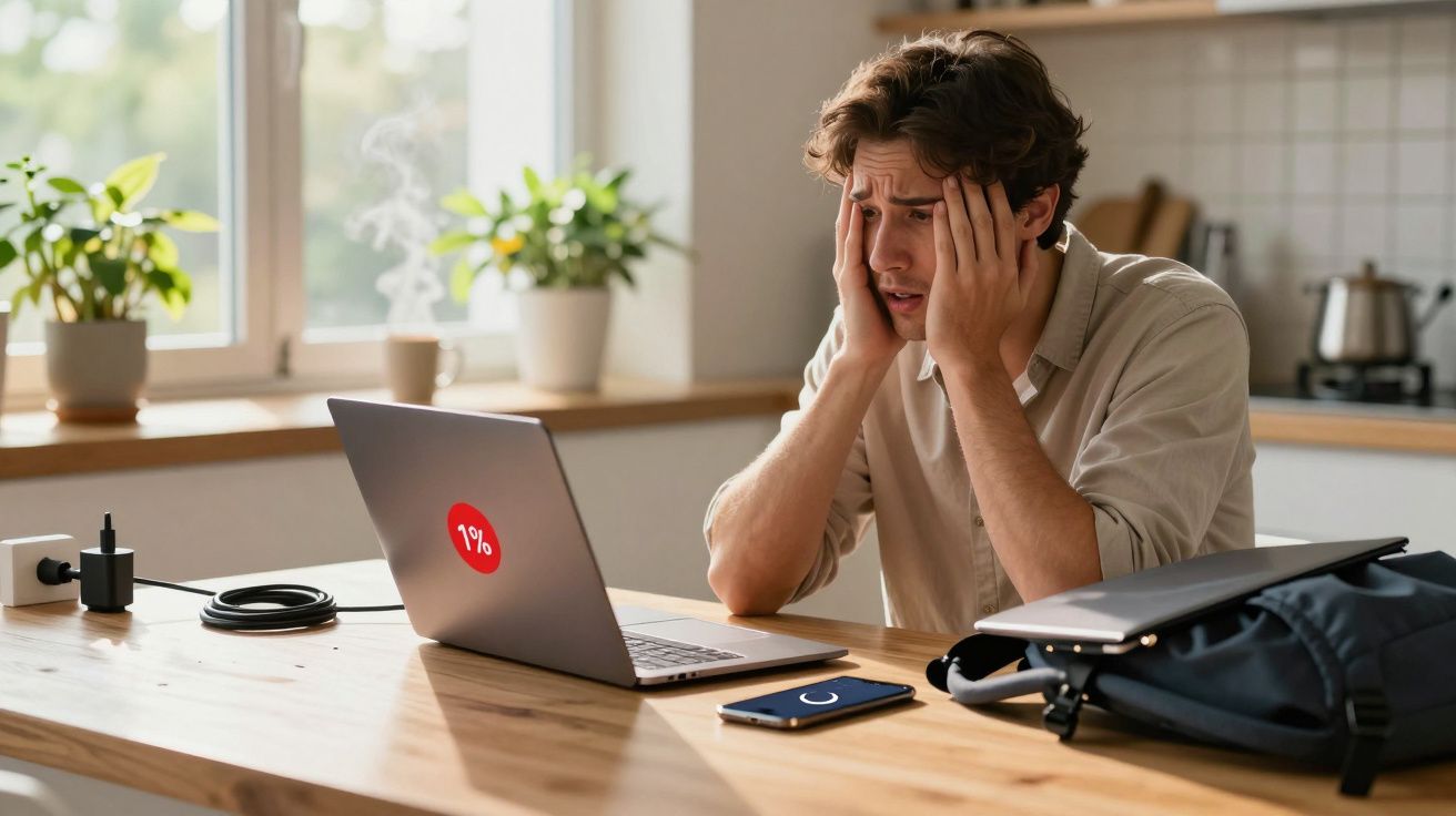 Homem preocupado olhando para notebook com bateria quase zerada em cozinha iluminada.