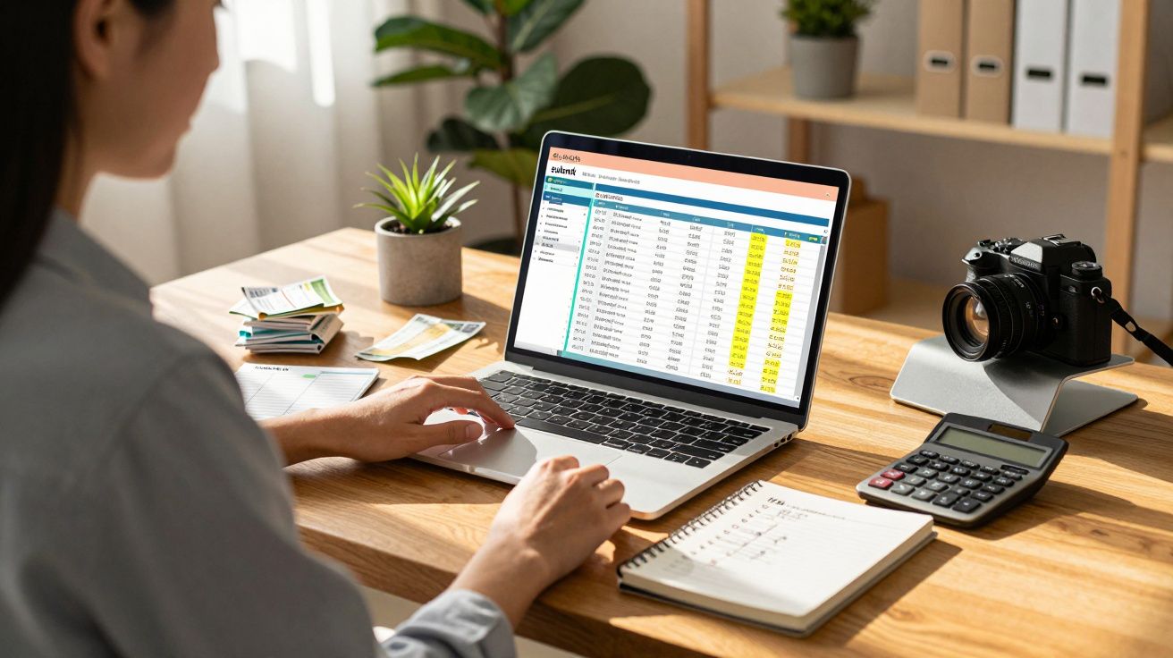 Pessoa analisando planilha financeira no notebook, com câmera, calculadora e caderno em mesa de madeira.