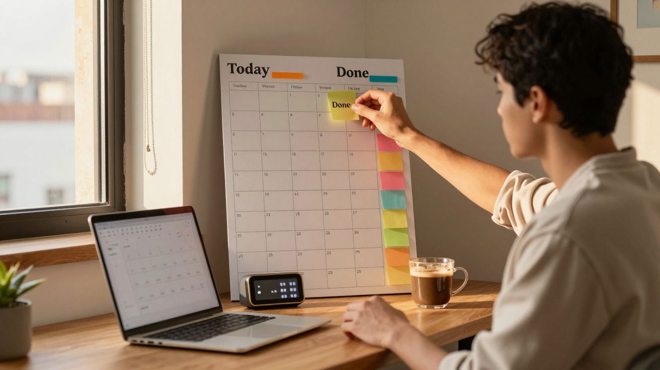 Pessoa organizando calendário de tarefas com post-its coloridos em mesa com laptop e café.