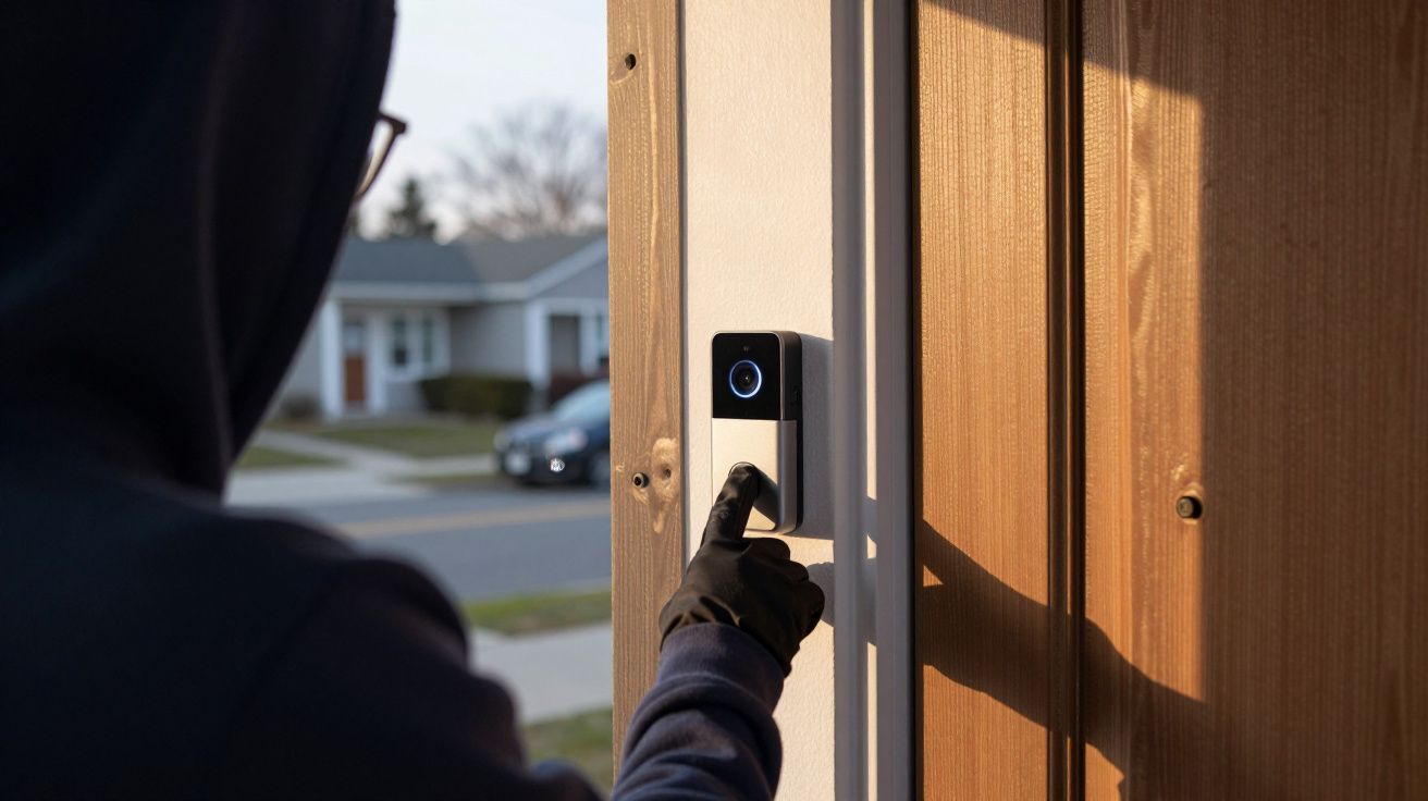 Pessoa com luva preta apertando campainha de vídeo em porta de madeira durante o dia.
