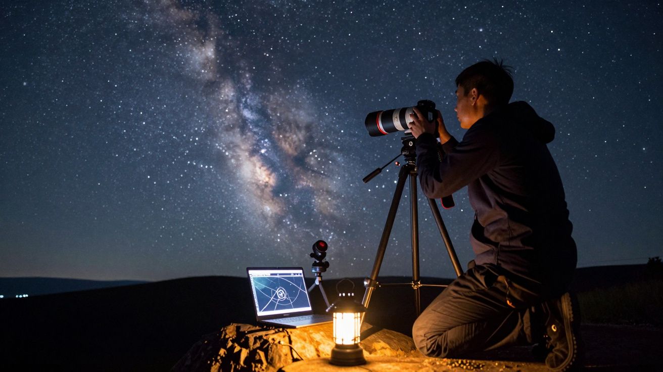 Pessoa fotografando o céu noturno estrelado com câmera, laptop e lanterna sobre pedra.