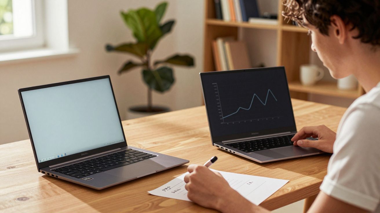 Pessoa analisando gráfico em notebook enquanto anota informações em papel numa mesa com dois computadores.