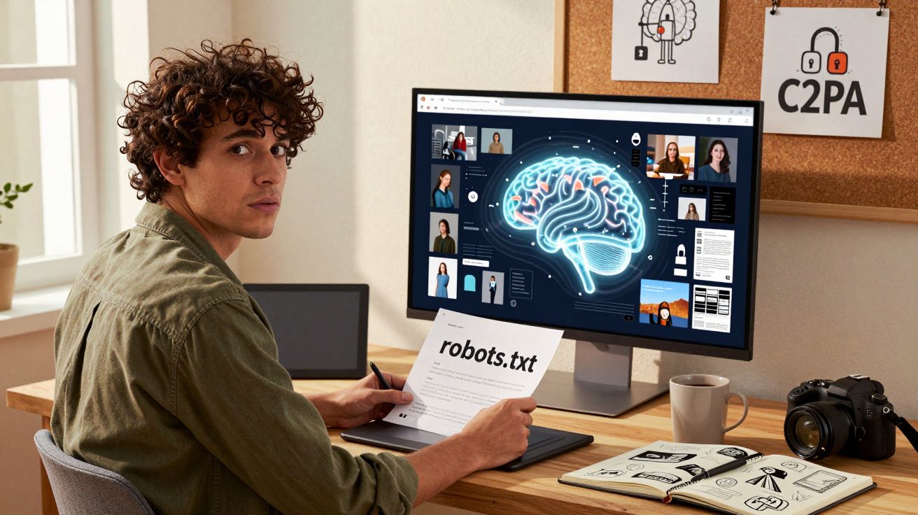 Homem sentado em mesa com computador mostrando cérebro digital, segurando papel robots.txt em ambiente de trabalho.